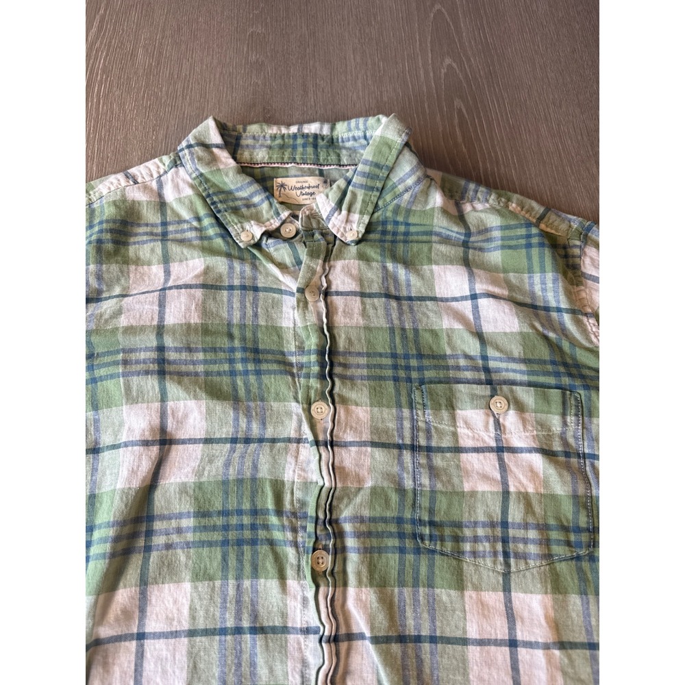 Weatherproof Vintage Mens XL Green Blue Plaid Linen Cotton Short Sleeve Shirt